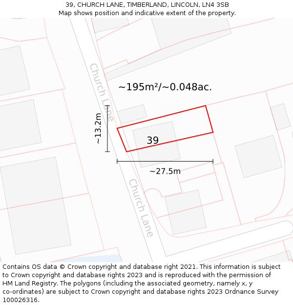 39, CHURCH LANE, TIMBERLAND, LINCOLN, LN4 3SB: Plot and title map