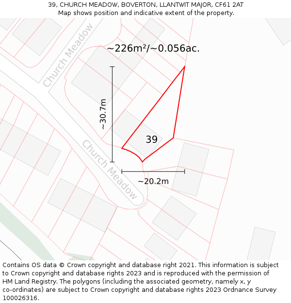 39, CHURCH MEADOW, BOVERTON, LLANTWIT MAJOR, CF61 2AT: Plot and title map