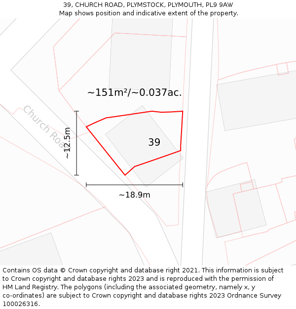 39, CHURCH ROAD, PLYMSTOCK, PLYMOUTH, PL9 9AW: Plot and title map