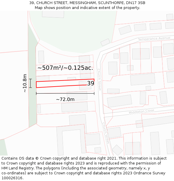 39, CHURCH STREET, MESSINGHAM, SCUNTHORPE, DN17 3SB: Plot and title map
