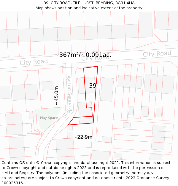 39, CITY ROAD, TILEHURST, READING, RG31 4HA: Plot and title map
