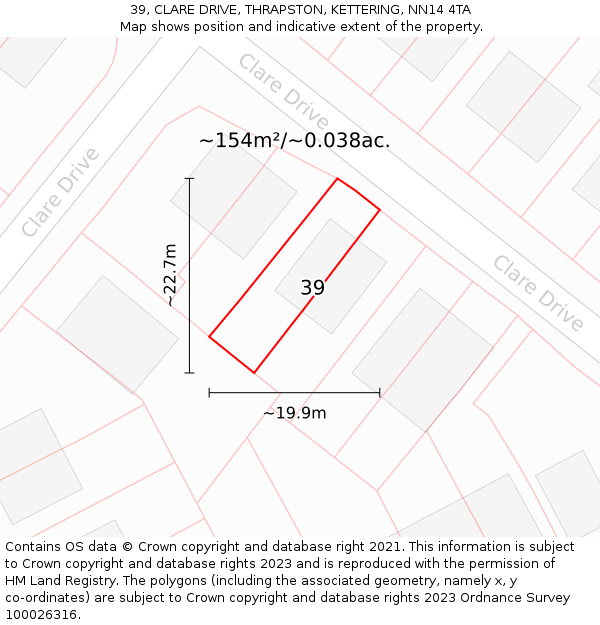 39, CLARE DRIVE, THRAPSTON, KETTERING, NN14 4TA: Plot and title map