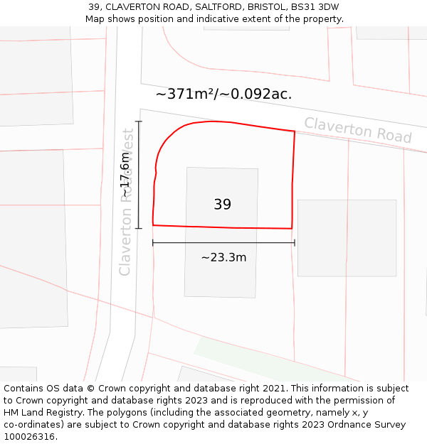 39, CLAVERTON ROAD, SALTFORD, BRISTOL, BS31 3DW: Plot and title map