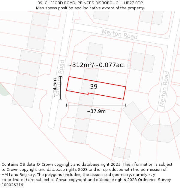 39, CLIFFORD ROAD, PRINCES RISBOROUGH, HP27 0DP: Plot and title map