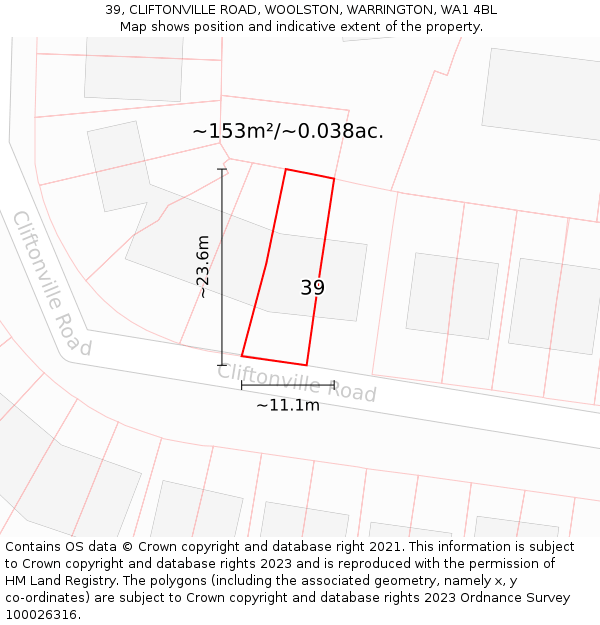 39, CLIFTONVILLE ROAD, WOOLSTON, WARRINGTON, WA1 4BL: Plot and title map