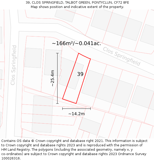 39, CLOS SPRINGFIELD, TALBOT GREEN, PONTYCLUN, CF72 8FE: Plot and title map