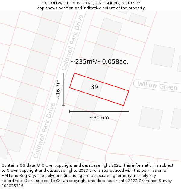 39, COLDWELL PARK DRIVE, GATESHEAD, NE10 9BY: Plot and title map