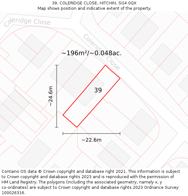 39, COLERIDGE CLOSE, HITCHIN, SG4 0QX: Plot and title map