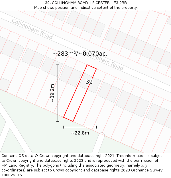 39, COLLINGHAM ROAD, LEICESTER, LE3 2BB: Plot and title map