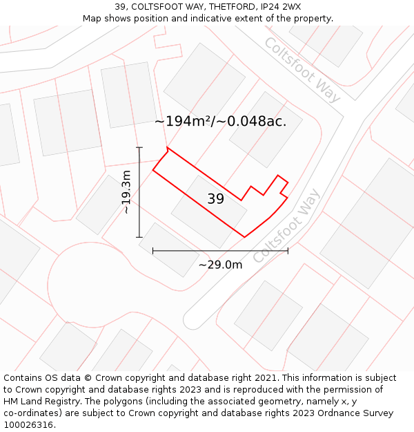 39, COLTSFOOT WAY, THETFORD, IP24 2WX: Plot and title map