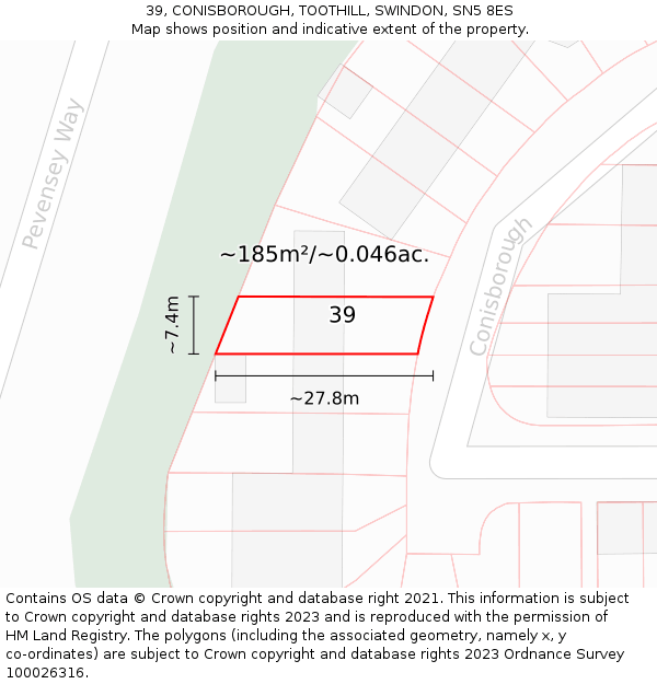 39, CONISBOROUGH, TOOTHILL, SWINDON, SN5 8ES: Plot and title map