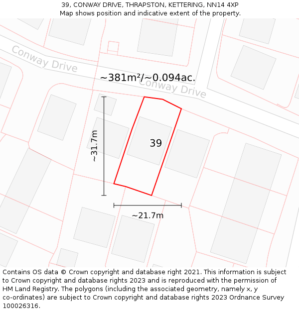 39, CONWAY DRIVE, THRAPSTON, KETTERING, NN14 4XP: Plot and title map