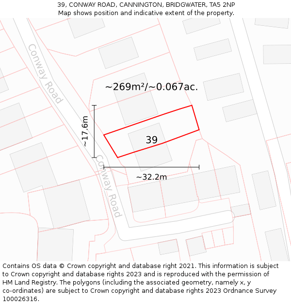 39, CONWAY ROAD, CANNINGTON, BRIDGWATER, TA5 2NP: Plot and title map