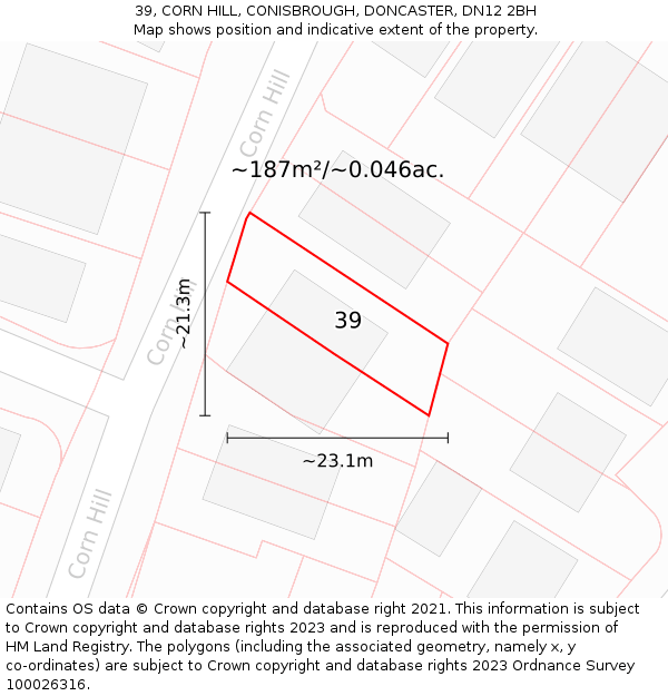 39, CORN HILL, CONISBROUGH, DONCASTER, DN12 2BH: Plot and title map