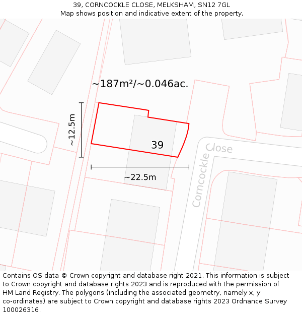 39, CORNCOCKLE CLOSE, MELKSHAM, SN12 7GL: Plot and title map