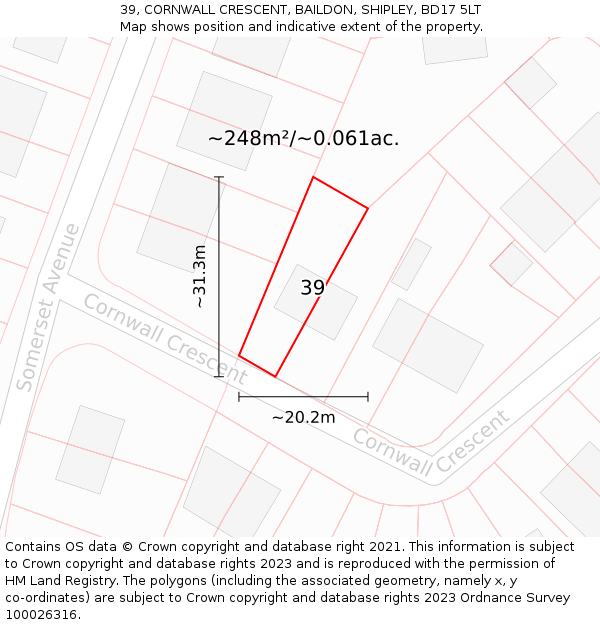 39, CORNWALL CRESCENT, BAILDON, SHIPLEY, BD17 5LT: Plot and title map