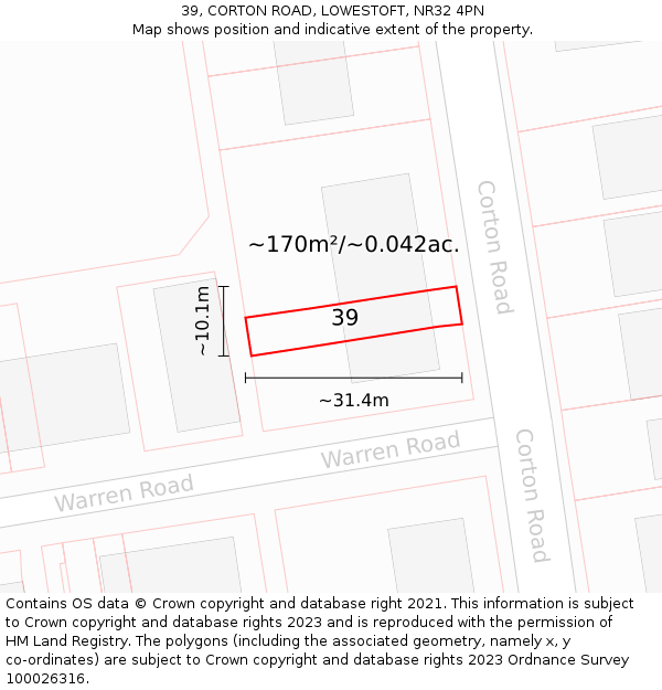 39, CORTON ROAD, LOWESTOFT, NR32 4PN: Plot and title map
