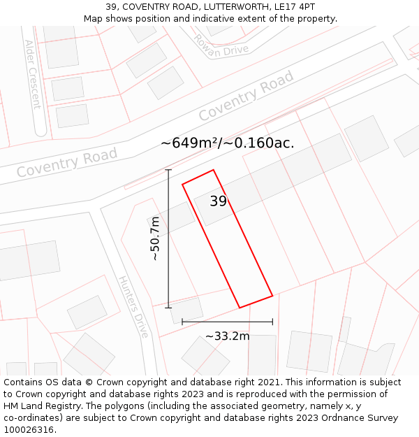39, COVENTRY ROAD, LUTTERWORTH, LE17 4PT: Plot and title map