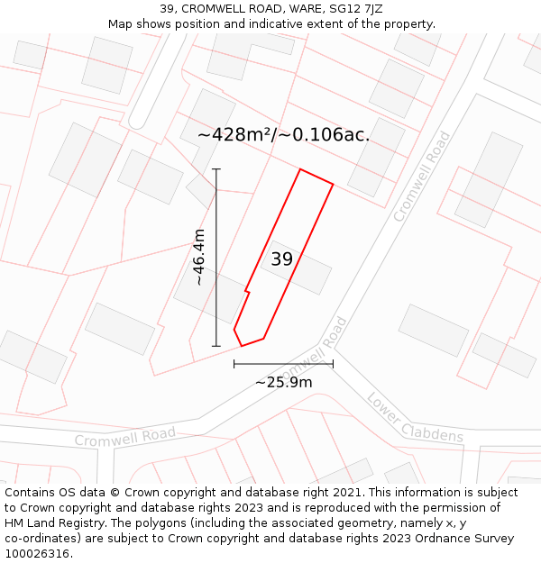 39, CROMWELL ROAD, WARE, SG12 7JZ: Plot and title map