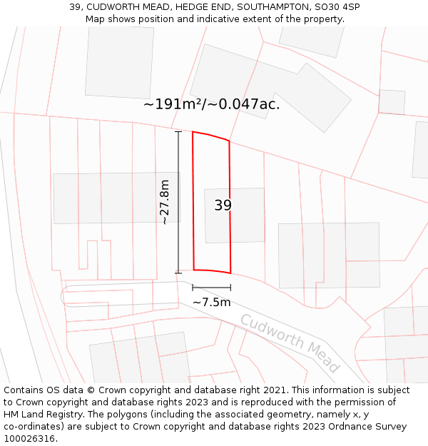 39, CUDWORTH MEAD, HEDGE END, SOUTHAMPTON, SO30 4SP: Plot and title map