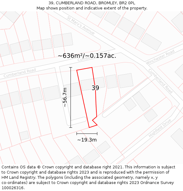 39, CUMBERLAND ROAD, BROMLEY, BR2 0PL: Plot and title map