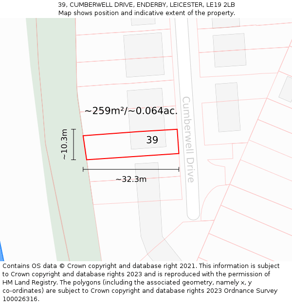 39, CUMBERWELL DRIVE, ENDERBY, LEICESTER, LE19 2LB: Plot and title map