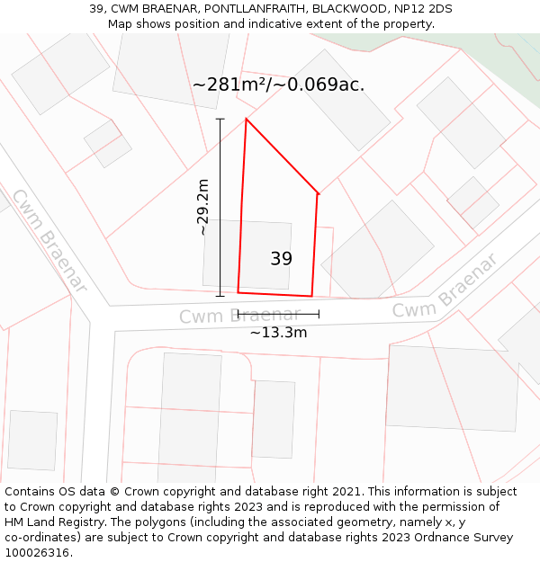 39, CWM BRAENAR, PONTLLANFRAITH, BLACKWOOD, NP12 2DS: Plot and title map