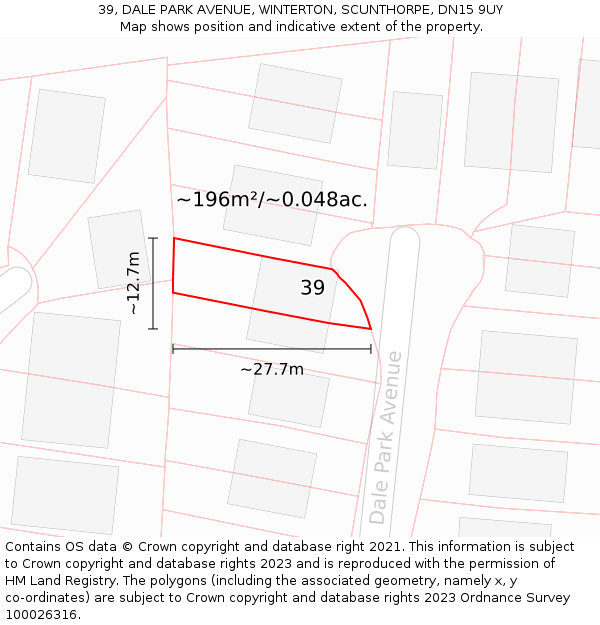 39, DALE PARK AVENUE, WINTERTON, SCUNTHORPE, DN15 9UY: Plot and title map