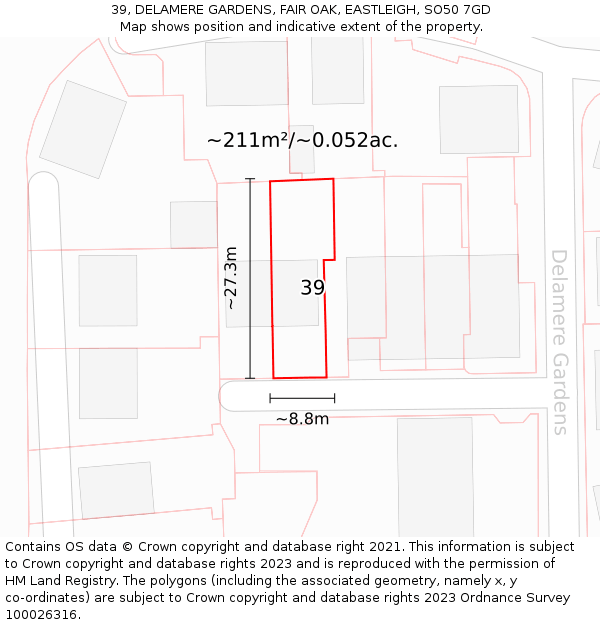 39, DELAMERE GARDENS, FAIR OAK, EASTLEIGH, SO50 7GD: Plot and title map