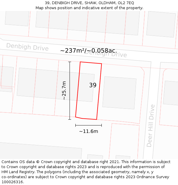 39, DENBIGH DRIVE, SHAW, OLDHAM, OL2 7EQ: Plot and title map