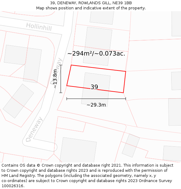 39, DENEWAY, ROWLANDS GILL, NE39 1BB: Plot and title map