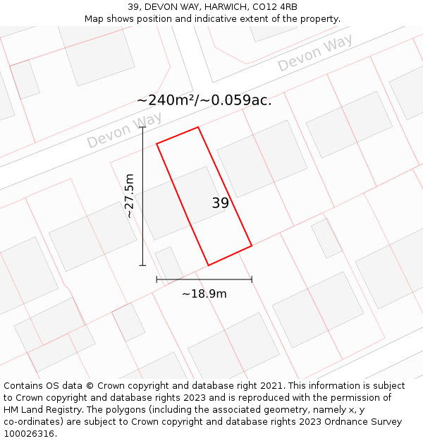 39, DEVON WAY, HARWICH, CO12 4RB: Plot and title map
