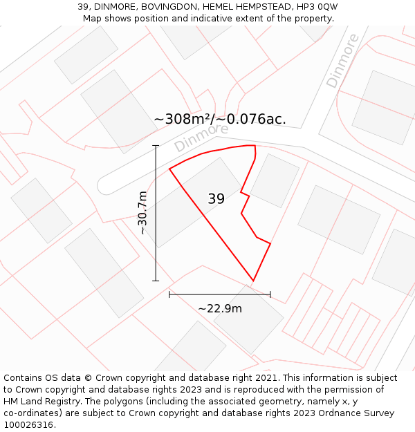 39, DINMORE, BOVINGDON, HEMEL HEMPSTEAD, HP3 0QW: Plot and title map