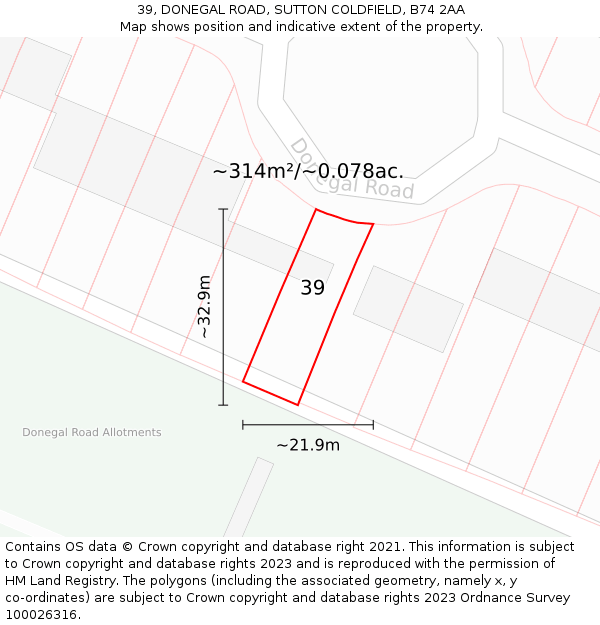 39, DONEGAL ROAD, SUTTON COLDFIELD, B74 2AA: Plot and title map