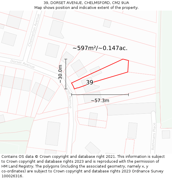 39, DORSET AVENUE, CHELMSFORD, CM2 9UA: Plot and title map