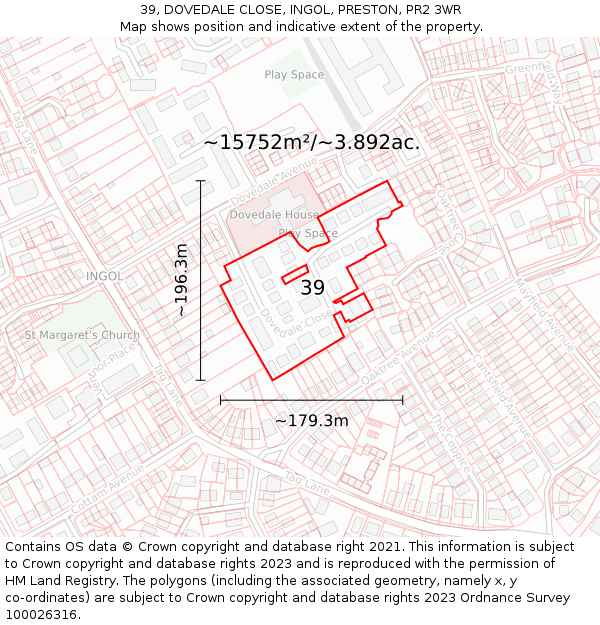39, DOVEDALE CLOSE, INGOL, PRESTON, PR2 3WR: Plot and title map