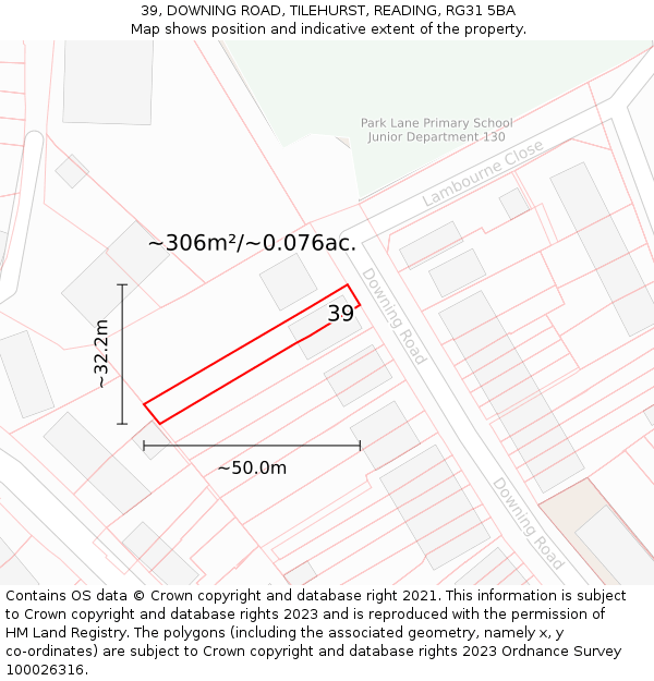 39, DOWNING ROAD, TILEHURST, READING, RG31 5BA: Plot and title map
