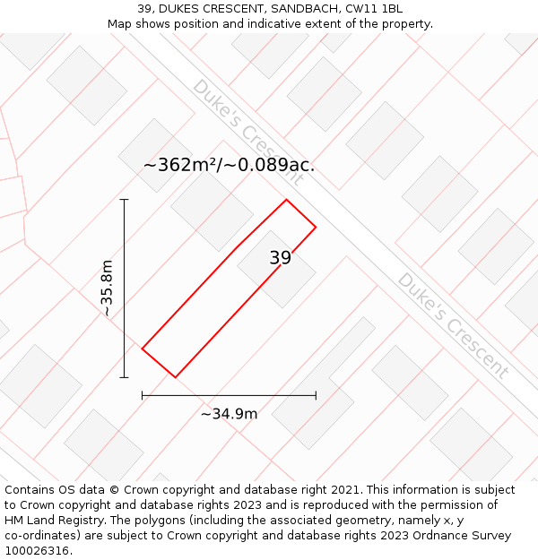39, DUKES CRESCENT, SANDBACH, CW11 1BL: Plot and title map