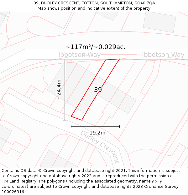 39, DURLEY CRESCENT, TOTTON, SOUTHAMPTON, SO40 7QA: Plot and title map