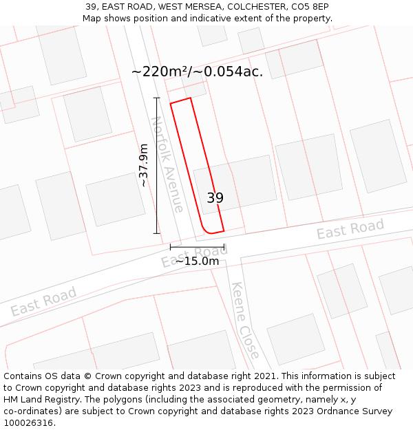 39, EAST ROAD, WEST MERSEA, COLCHESTER, CO5 8EP: Plot and title map