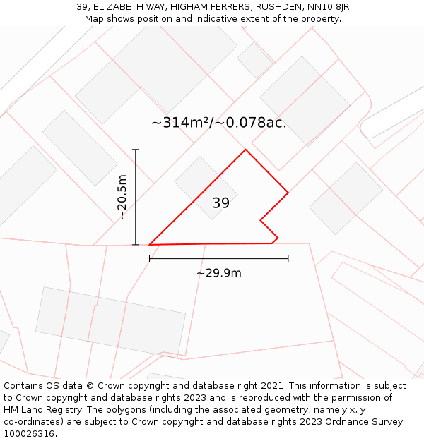 39, ELIZABETH WAY, HIGHAM FERRERS, RUSHDEN, NN10 8JR: Plot and title map