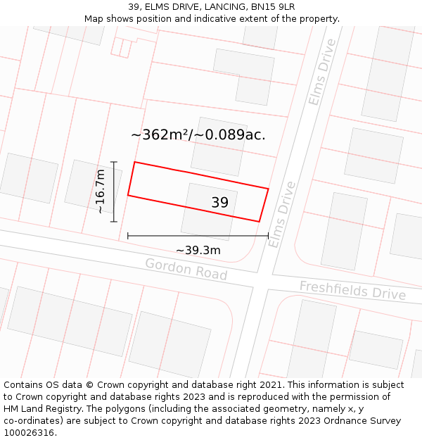 39, ELMS DRIVE, LANCING, BN15 9LR: Plot and title map