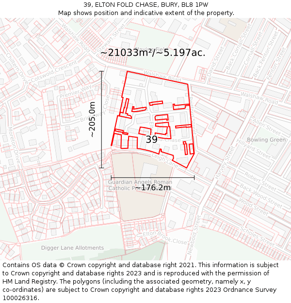 39, ELTON FOLD CHASE, BURY, BL8 1PW: Plot and title map