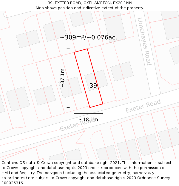 39, EXETER ROAD, OKEHAMPTON, EX20 1NN: Plot and title map
