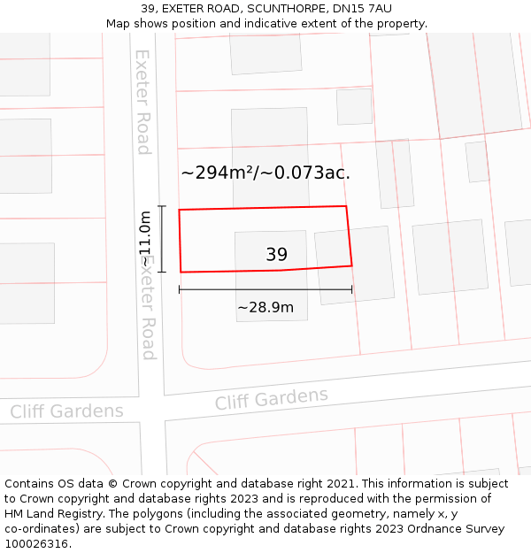 39, EXETER ROAD, SCUNTHORPE, DN15 7AU: Plot and title map