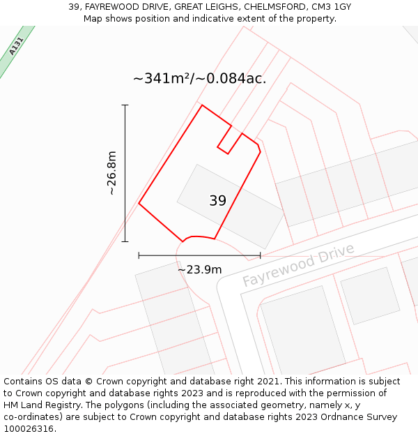 39, FAYREWOOD DRIVE, GREAT LEIGHS, CHELMSFORD, CM3 1GY: Plot and title map