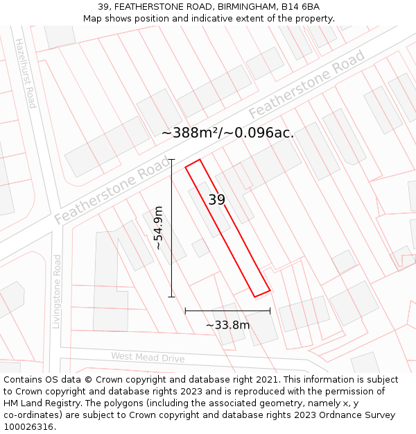 39, FEATHERSTONE ROAD, BIRMINGHAM, B14 6BA: Plot and title map