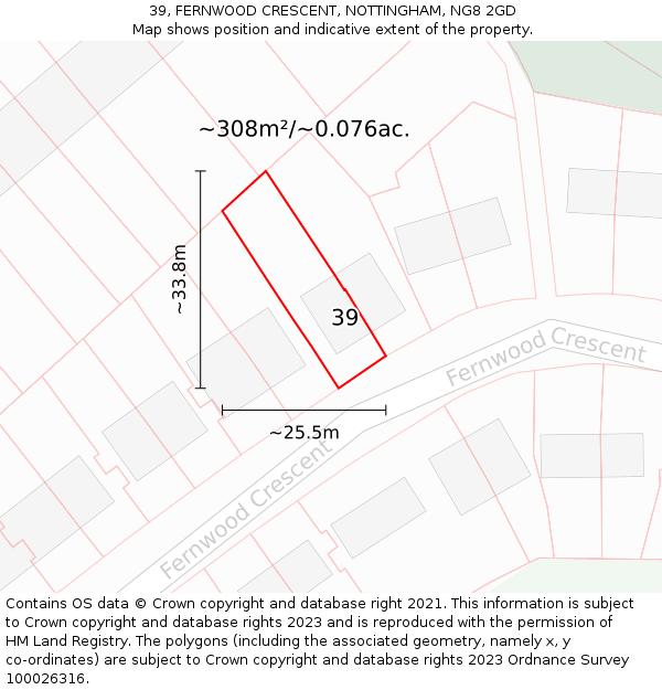 39, FERNWOOD CRESCENT, NOTTINGHAM, NG8 2GD: Plot and title map