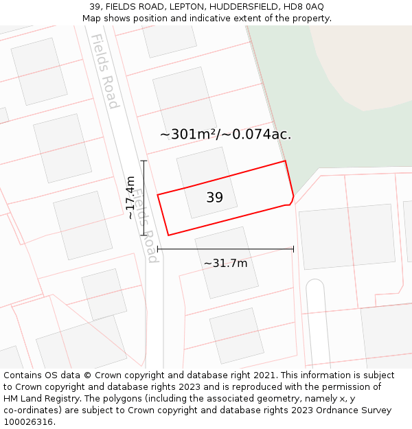 39, FIELDS ROAD, LEPTON, HUDDERSFIELD, HD8 0AQ: Plot and title map