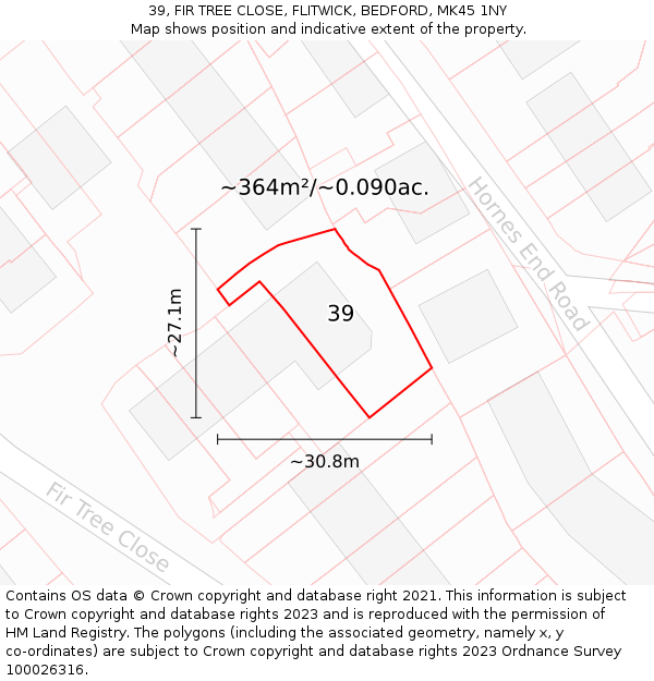 39, FIR TREE CLOSE, FLITWICK, BEDFORD, MK45 1NY: Plot and title map
